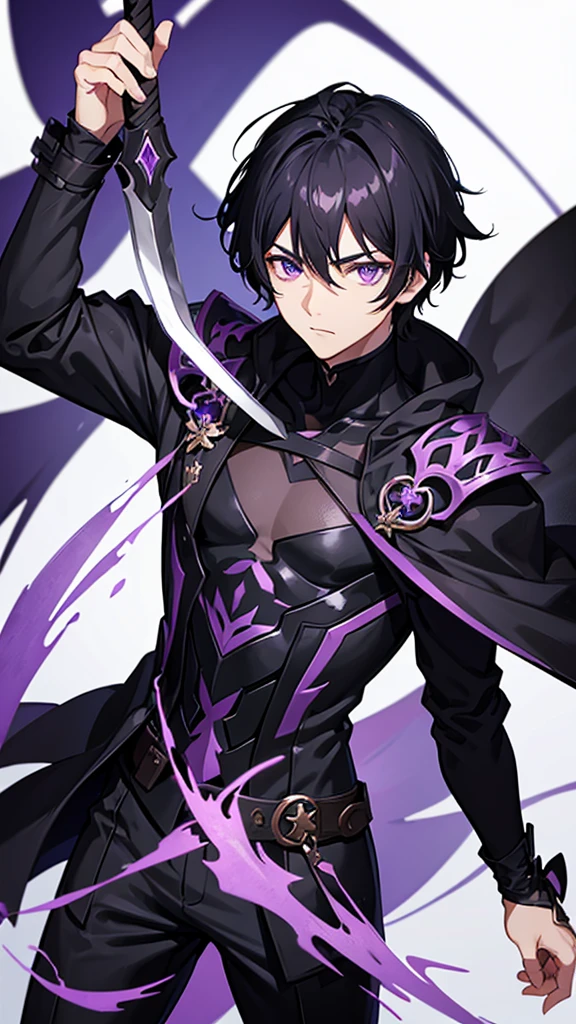 Male character with black hair and purple eyes and swords and black clothes 