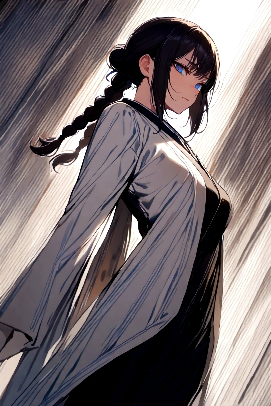 (masterpiece, best quality:1.2), expressive eyes, perfect face, highres, 1girl, solo, (female:1.5), hijikata toushirou, hijikata kimono, black hair, long hair, hair tied in two braids, blue eyes, hijikata outfit, black pants, standing, ((upper body)), looking at the viewer, dynamic view