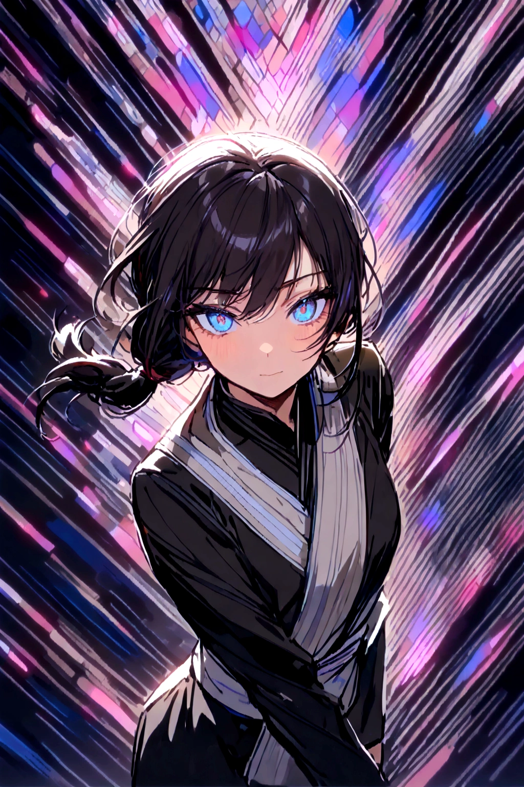 (masterpiece, best quality:1.2), expressive eyes, perfect face, highres, 1girl, solo, (female:1.5), hijikata toushirou, hijikata kimono, black hair, long hair, hair tied in two braids, blue eyes, hijikata outfit, black pants, standing, ((upper body)), looking at the viewer, dynamic view