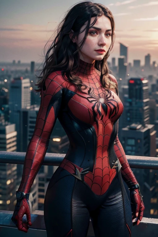 4k, realist, charismatic, very detailed, anamr on top of the city, with spiderman suit, She's a Spider-Man, SpidermanClasic female, long white hair, 25-years old, whole body