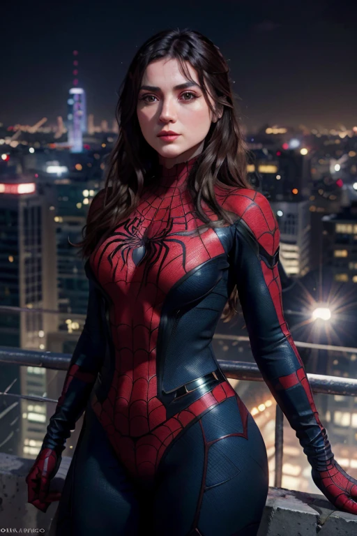 4k, realist, charismatic, very detailed, anamr on top of the city, with spiderman suit, She's a Spider-Man, SpidermanClasic female, long white hair, 25-years old, whole body