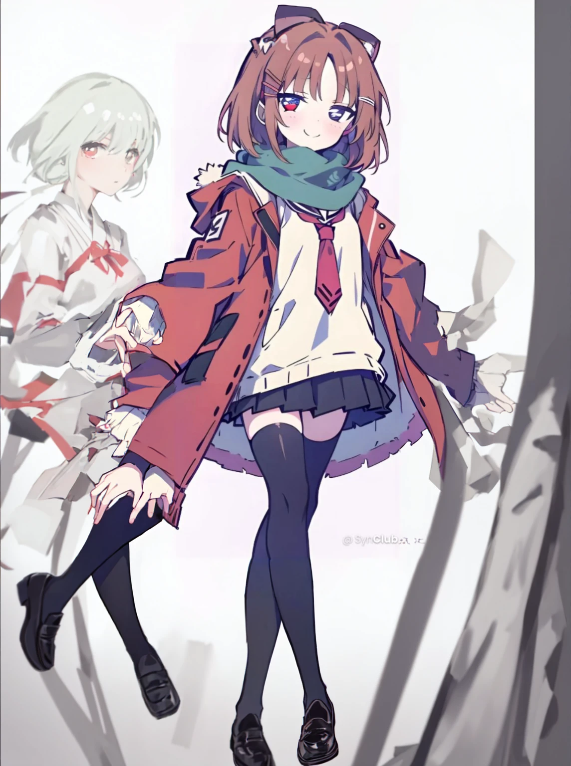 Moe sleeves、Beautiful feet、Black tights、loafers、White background