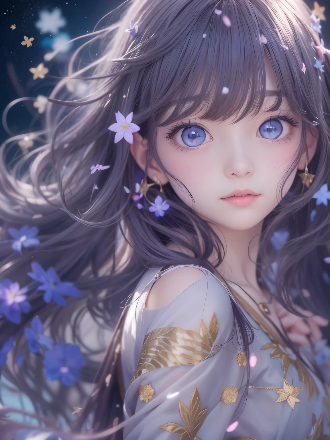 photograph、water、8age、high resolution、quality、Real masterpieces, Highest quality, Highly detailed shape,1 Girl,alone, Image body, flower, Looking at the audience、 Purple eyes, Jewel-like eyes, Very beautiful eyes, Highly detailed face、universe (null), constellation, Purple Energy、 meteor、Shiny, straight, long hair down to the waist, Beautiful shiny bangs、16k、24k、