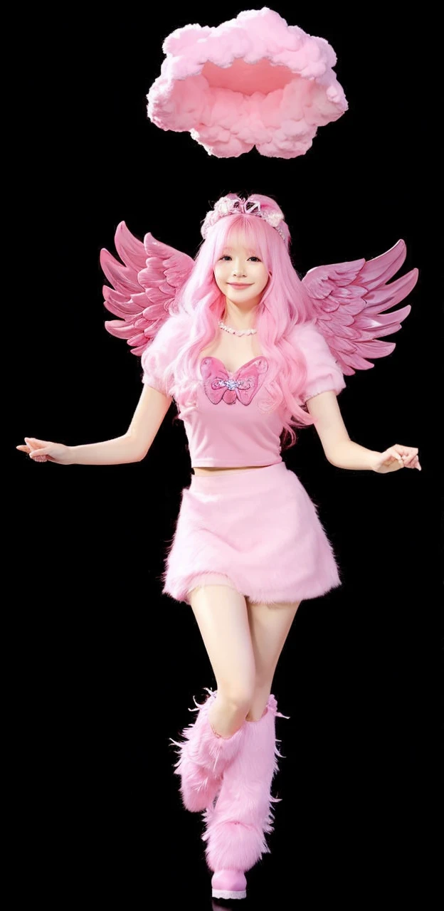 cute with pink skirt, cropped rosa, with pink wings , long straight pink hair, cute furry boot, pink fluffy cloud over head.