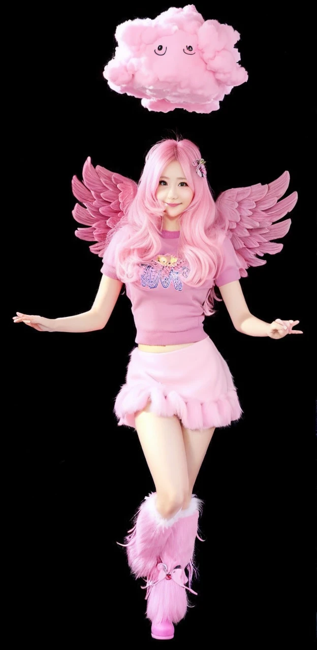 cute with pink skirt, cropped rosa, with pink wings , long straight pink hair, cute furry boot, pink fluffy cloud over head.