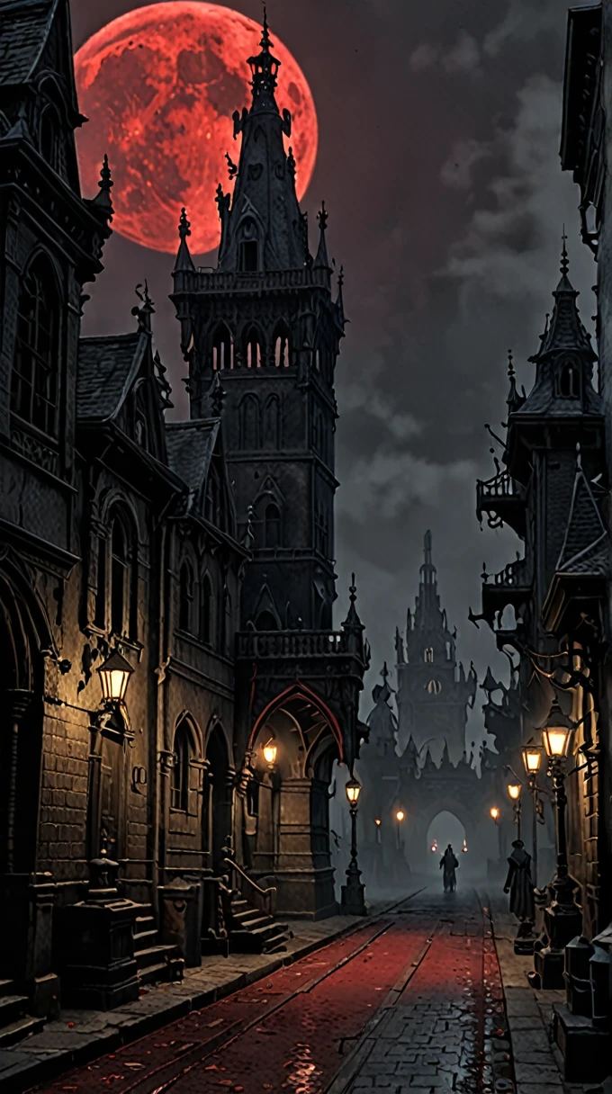 City of Yharnam, oil, Red Moon, Realistic, Attention to detail, scared, That&#39;s horrible, Dark and warm environment, 8K, amazing, (Using the Dream Spreading Secret Prompt),  (Black and white images, Red accents), Ultra-high resolution