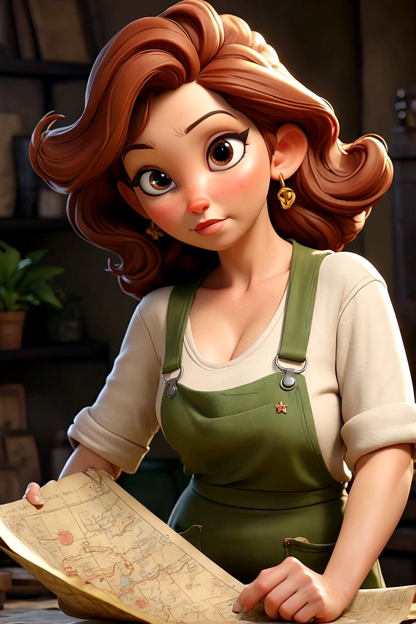 45 year old beautiful mature woman、Naked and in overalls、Very busty、makeup、Girl finds an old treasure map.She gets excited.