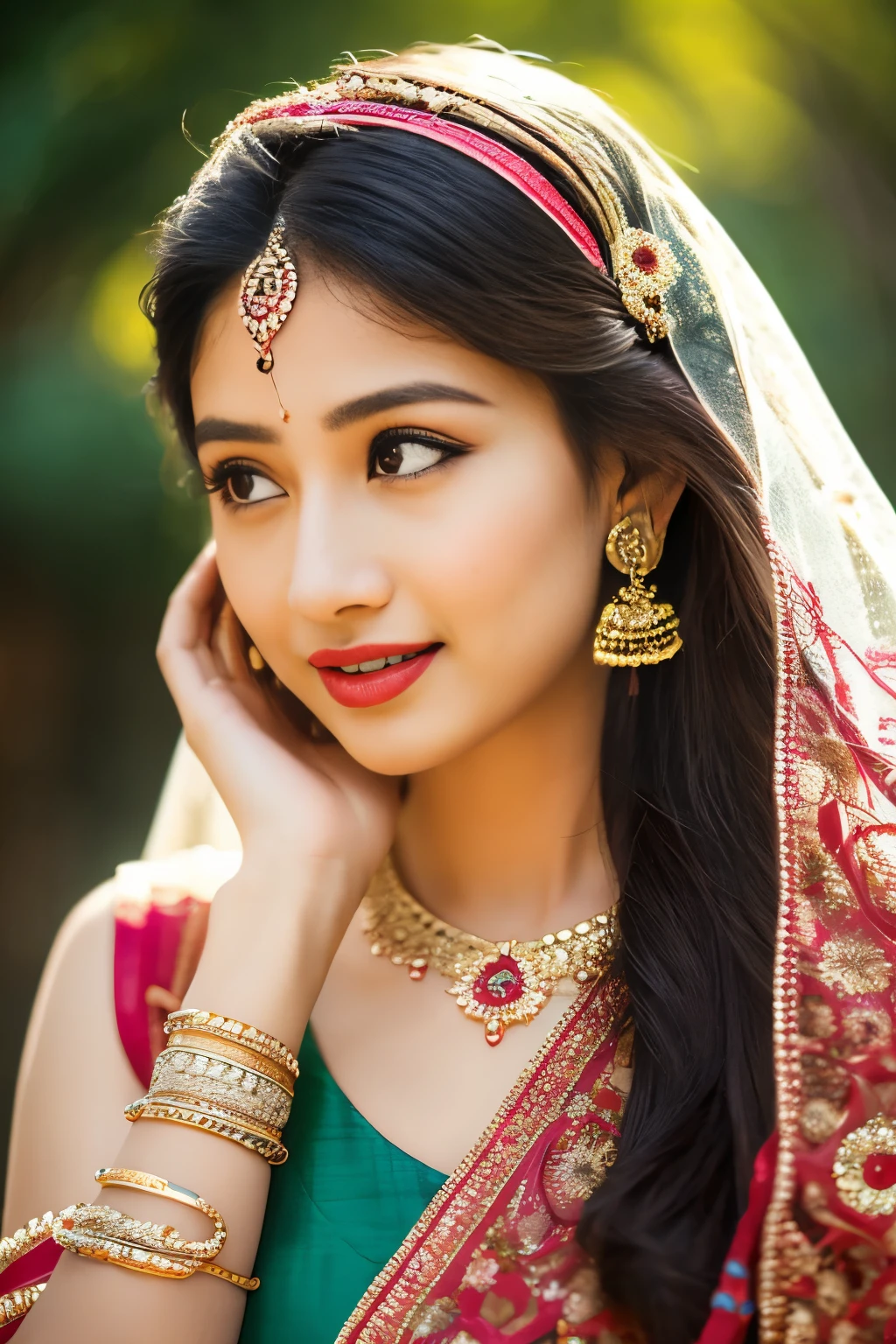 saree,posing in a colorful garden,golden sunlight,soft shadows, vibrant colors, henna tattoos, alluring eyes, seductive smile, flowing hair, elegant jewelry, intricate mehndi designs, sensual movements, graceful posture, traditional Indian earrings, pristine beauty, enchanting ambiance, exquisite silk fabric, delicate drapes, captivating presence, intricate embroidery, ornate bangles, sensual allure, mystical aura, delicate floral patterns, alluring fragrances, captivating gaze, traditional bindi, enticing curves, mysterious veil, feminine grace, bewitching charm, ancient traditions, seductive glance, radiant femininity, sensual whispers. (best quality, high-res, vivid colors, ultra-detailed, photorealistic:1.37), vibrant cultural celebration, cinematic lighting.
Precautions:
- Pay more attention to the description of the key characteristics of the characters,For example, eyes、Lips、hair、decorations, etc。
- Pay attention to depicting comfortable and harmonious pictures、Colorful feeling。
- Use appropriate vocabulary,Highlight the characteristics of the subject。
- The theme is an Indian flirting scene。Add appropriate details as required by the scene。
You can make appropriate adjustments and play based on the above needs,Keep the image relevant to the subject、Be creative and artistic。
