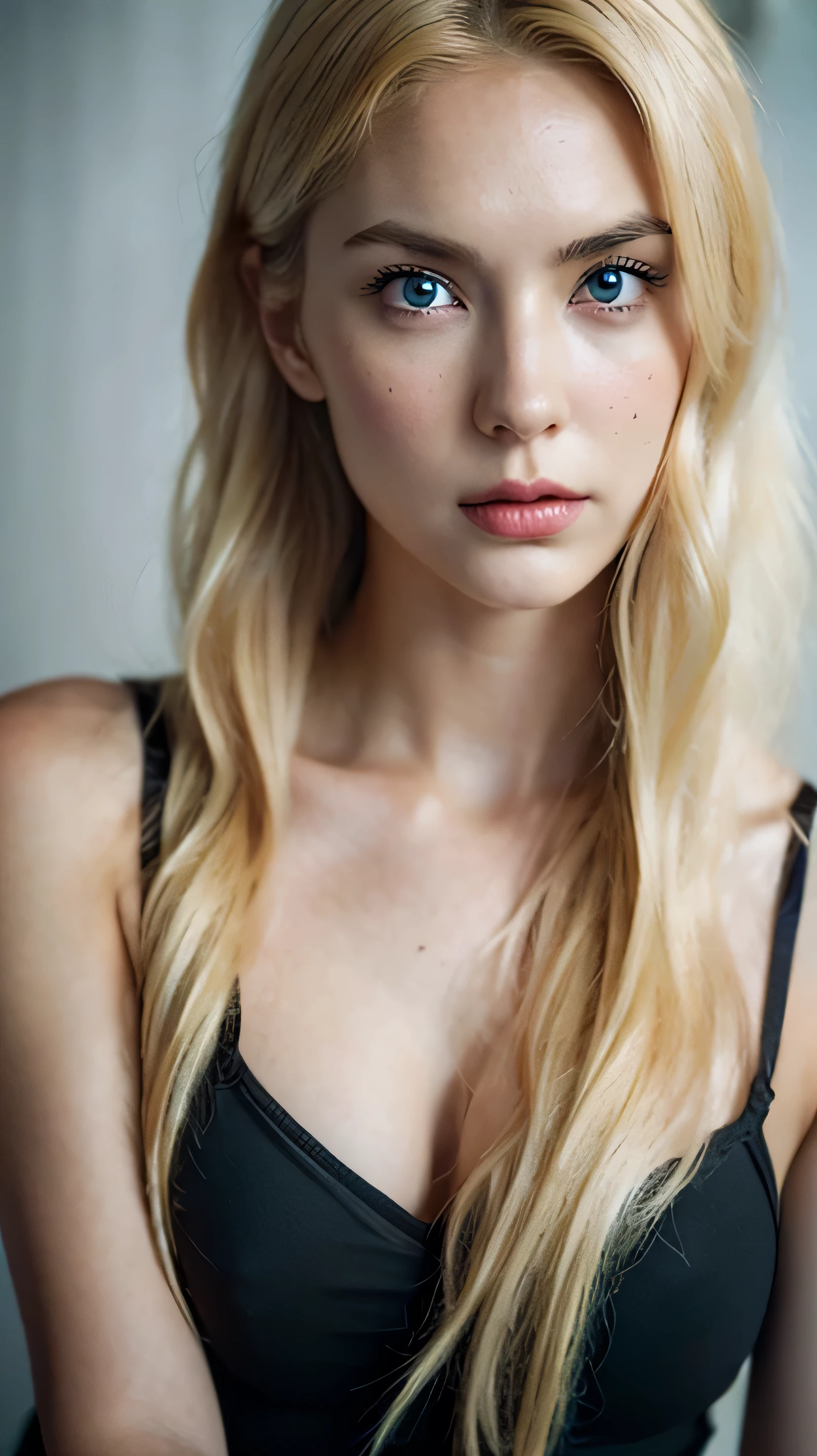 A beautiful American woman with a slim waist and blonde hair. She has freckles on her face, fair skin, a high nose, and high cheekbones. She is wearing a black camisole and looking at the viewer from a slightly elevated angle. Her long hair is parted in the center, and she has blue eyes. Her full body is visible.