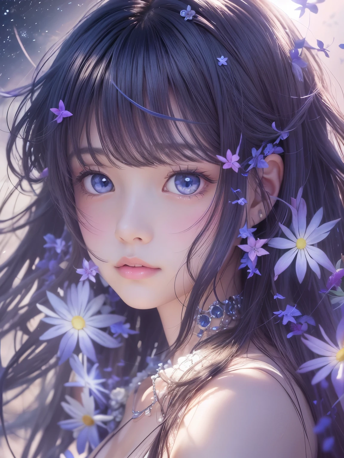 photograph、water、8age、high resolution、quality、Real masterpieces, Highest quality, Highly detailed shape,1 Girl,alone, Image body, flower, Looking at the audience、 Purple eyes, Jewel-like eyes, Very beautiful eyes, Highly detailed face、universe (null), constellation, Purple Energy、 meteor、Shiny, straight, long hair down to the waist, Beautiful shiny bangs、16k、24k、