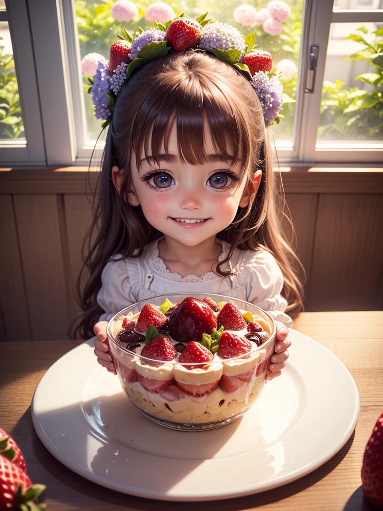 Best picture quality, detailed eyes, long eyelashes, delicious looking parfait full of strawberries and chocolate on the table, laughing  5 year oeating parfait, smiling happily, best smile, very pretty , long chestnut hair, amazingly very large round shining eyes, hydrangea blooming outside the window,