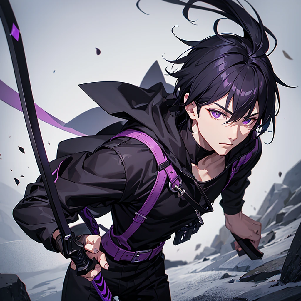 Male character with black hair and purple eyes and swords and black clothes