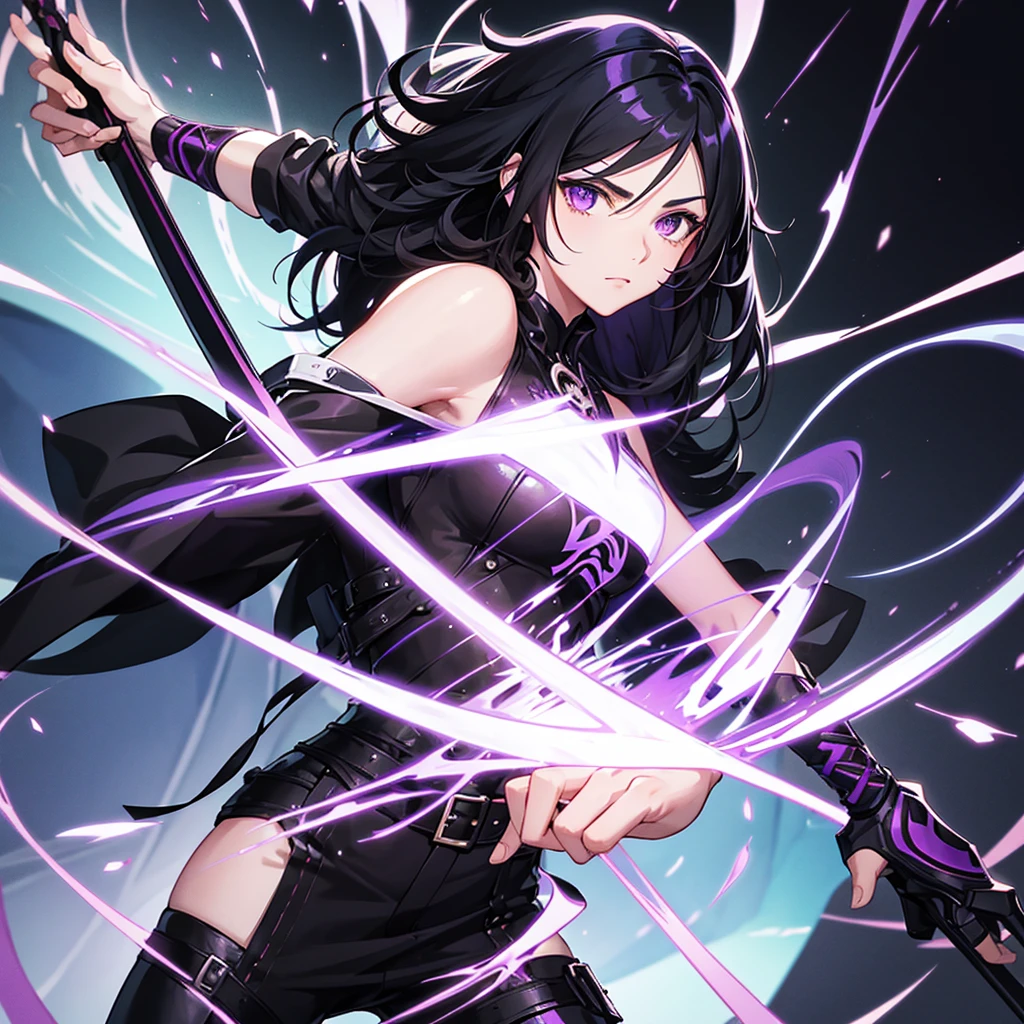 Male character with black hair and purple eyes and swords and black clothes 