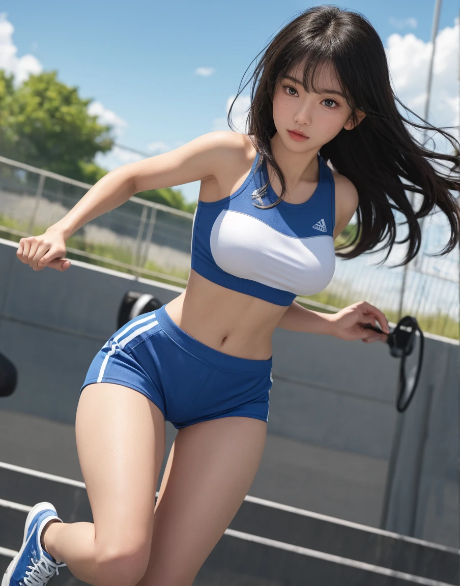 track and field club、student、girl、high school girl、bloomers、Tank top、beautiful legs、beautiful thighs、Sweat、belly button、field、short hair、colorful、A woman wearing a sweat-stained sports bra、short hair、ground、trot、bend down、leaning forward、Forehead、Drooping eyeole、flat chest、A lot of sweat from the crotch、beautiful abs、Green, droopy eyes, droopy eyebrows, kind face, training wear, sports bra