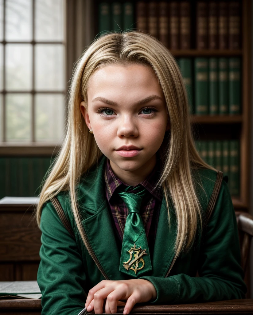 a beautiful teenage girl (Jordyn Jones), 16 year old, Slytherin house student, wearing a tight , leaning against a desk in a Hogwarts classroom,  expression, fantasy, magic, witchcraft, Hogwarts, detalied face, slim face, detailed eyes