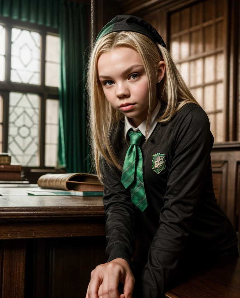 a beautiful teenage girl (Jordyn Jones), , Slytherin house student, wearing a tight , leaning against a desk in a Hogwarts classroom, seductive expression, fantasy, magic, witchcraft, Hogwarts, detalied face, slim face, detailed eyes