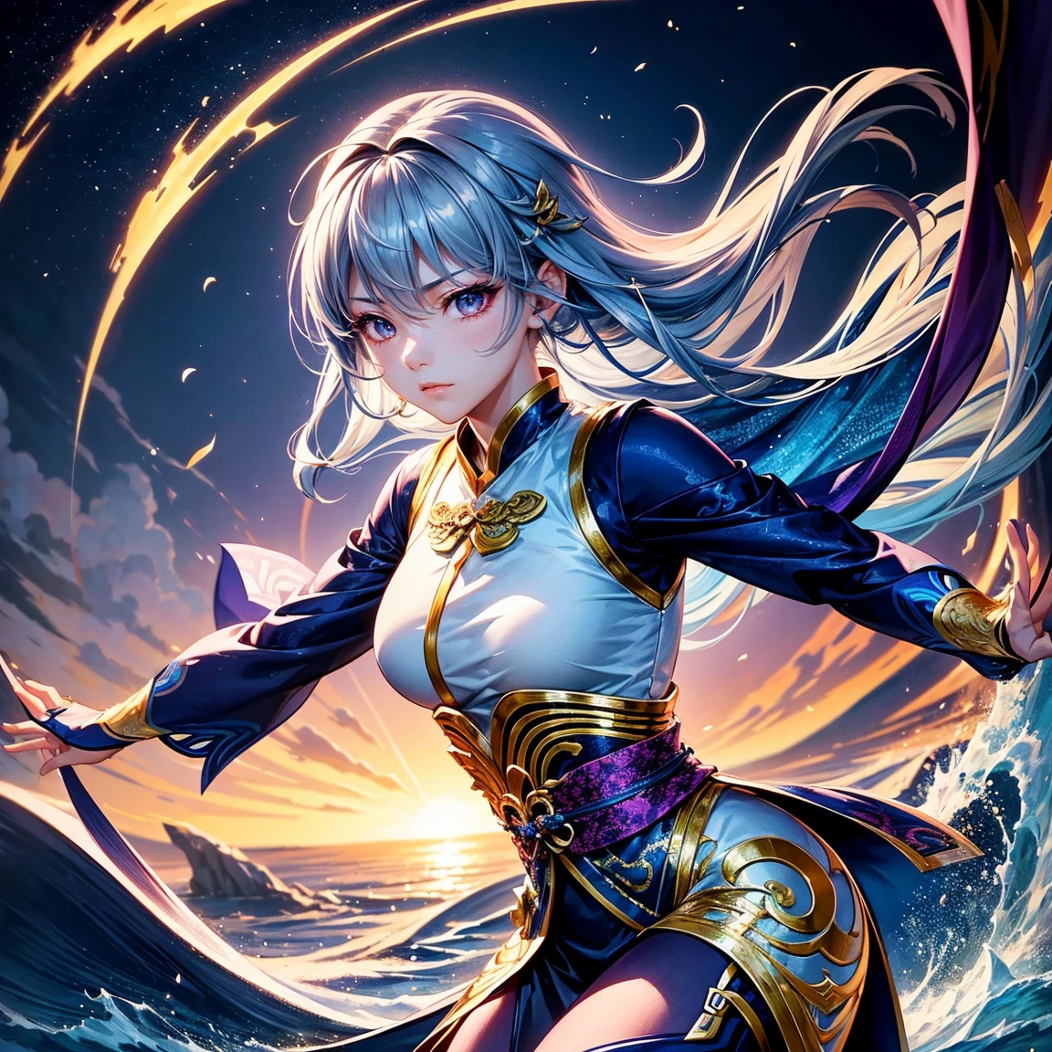Generate a detailed image of the character Taoqi from Wuthering Waves. Taoqi is a character with a striking and distinct look. She has short, silver hair, EXPRESSIVE AND BRIGHT EYES, and futuristic costumes with touches of traditional Asian elements. Her pose should be dynamic, as if in the midst of a graceful combat or dance movement, highlighting its agility and elegance.

The scenery around Taoqi should be a futuristic environment with natural elements, as a mix of advanced technology and exuberant nature. Pillars of light and metallic structures blend with verdant vegetation and exotic flowers. The sky in the background is dyed in shades of purple and blue, creating a mystical and enchanting atmosphere.

Lighting should emphasize Taoqi characteristics, with soft shadows and reflections that highlight your outfit and facial expressions. The image should convey a sense of movement and energy, capturing the essence of the character and world of Wuthering Waves.