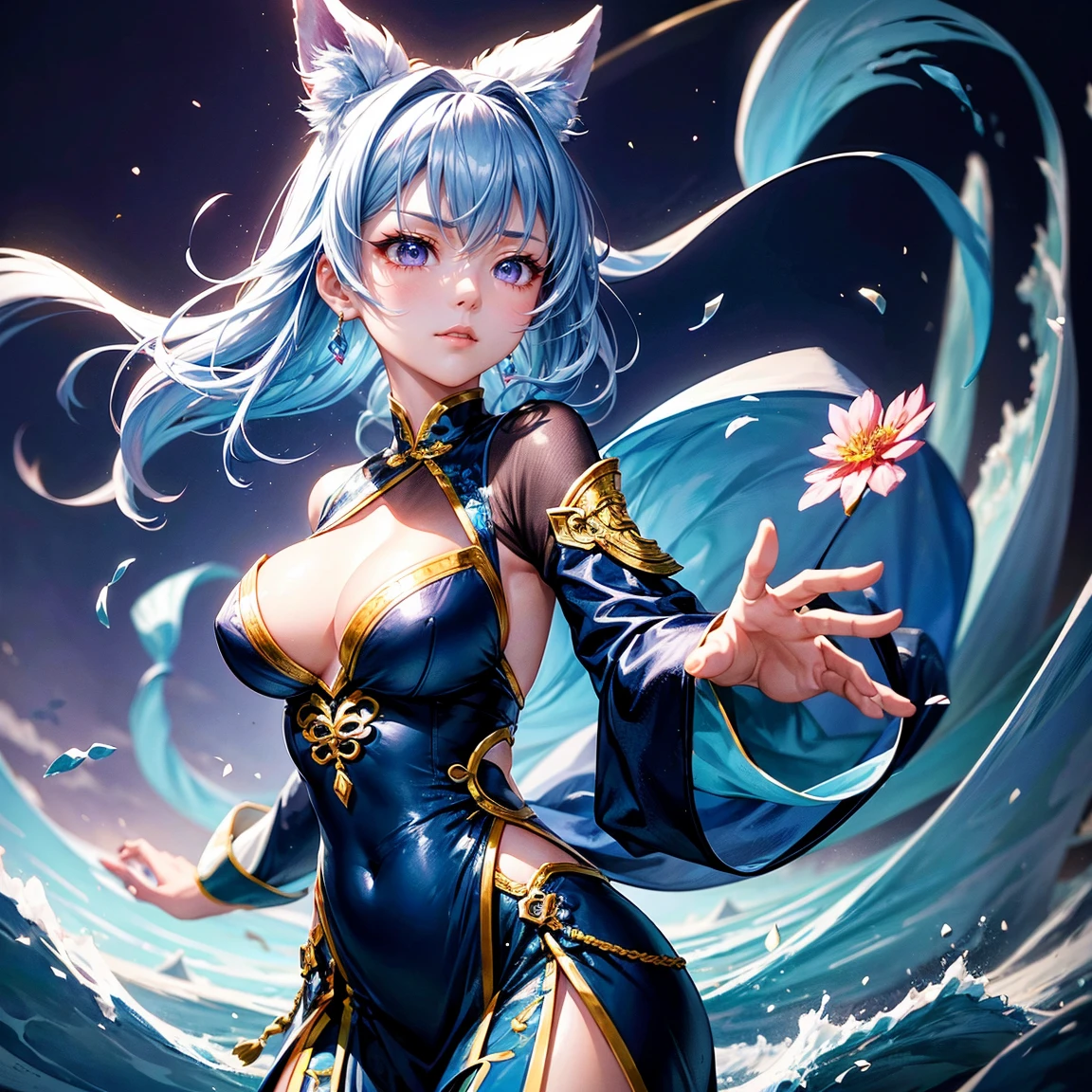 Generate a detailed image of the character Taoqi from Wuthering Waves. Taoqi is a character with a striking and distinct look. She has short, silver hair, EXPRESSIVE AND BRIGHT EYES, and futuristic costumes with touches of traditional Asian elements. Her pose should be dynamic, as if in the midst of a graceful combat or dance movement, highlighting its agility and elegance.

The scenery around Taoqi should be a futuristic environment with natural elements, as a mix of advanced technology and exuberant nature. Pillars of light and metallic structures blend with verdant vegetation and exotic flowers. The sky in the background is dyed in shades of purple and blue, creating a mystical and enchanting atmosphere.

Lighting should emphasize Taoqi characteristics, with soft shadows and reflections that highlight your outfit and facial expressions. The image should convey a sense of movement and energy, capturing the essence of the character and world of Wuthering Waves.