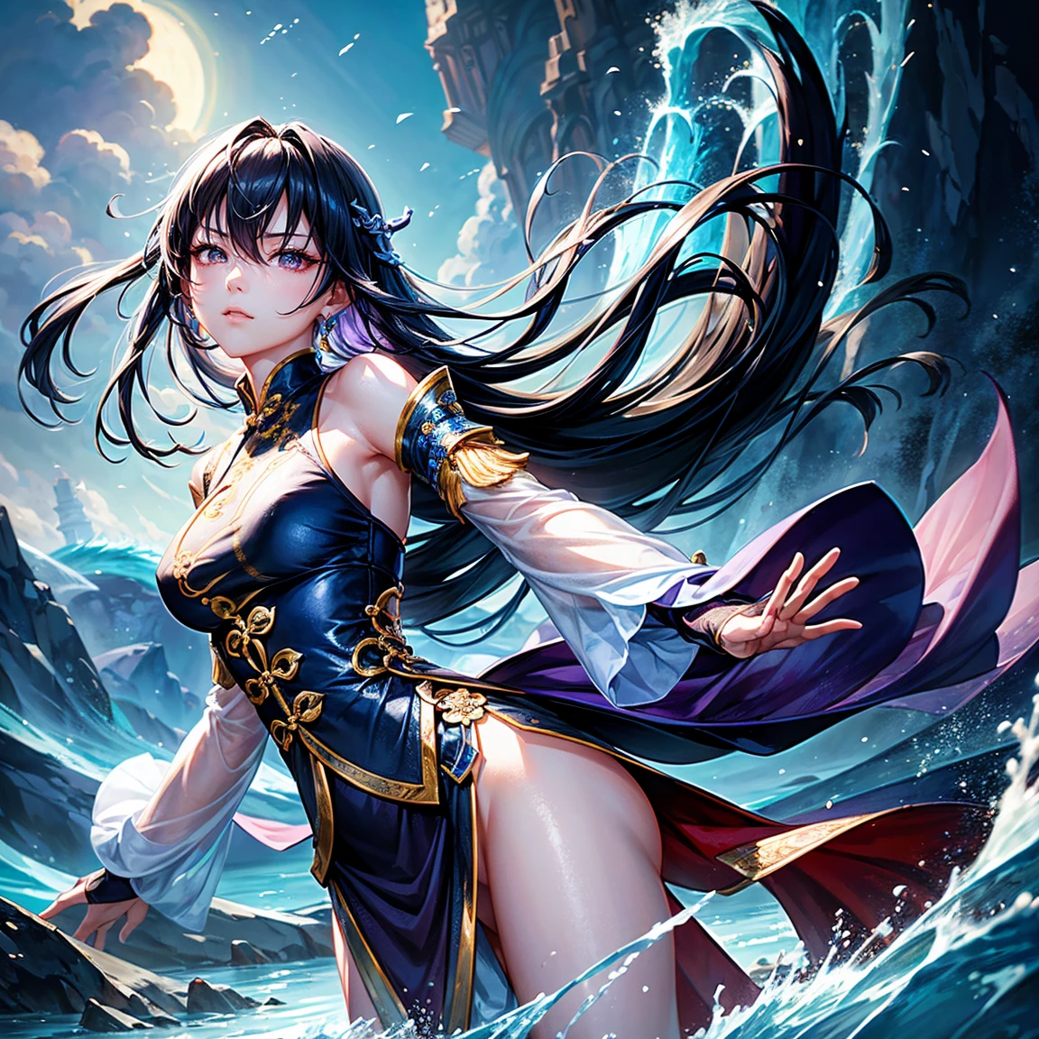 Generate a detailed image of the character Taoqi from Wuthering Waves. Taoqi is a character with a striking and distinct look. She has short, silver hair, EXPRESSIVE AND BRIGHT EYES, and futuristic costumes with touches of traditional Asian elements. Her pose should be dynamic, as if in the midst of a graceful combat or dance movement, highlighting its agility and elegance.
The scenery around Taoqi should be a futuristic environment with natural elements, as a mix of advanced technology and exuberant nature. Pillars of light and metallic structures blend with verdant vegetation and exotic flowers. The sky in the background is dyed in shades of purple and blue, creating a mystical and enchanting atmosphere.
Lighting should emphasize Taoqi characteristics, with soft shadows and reflections that highlight your outfit and facial expressions. The image should convey a sense of movement and energy, capturing the essence of the character and world of Wuthering Waves.