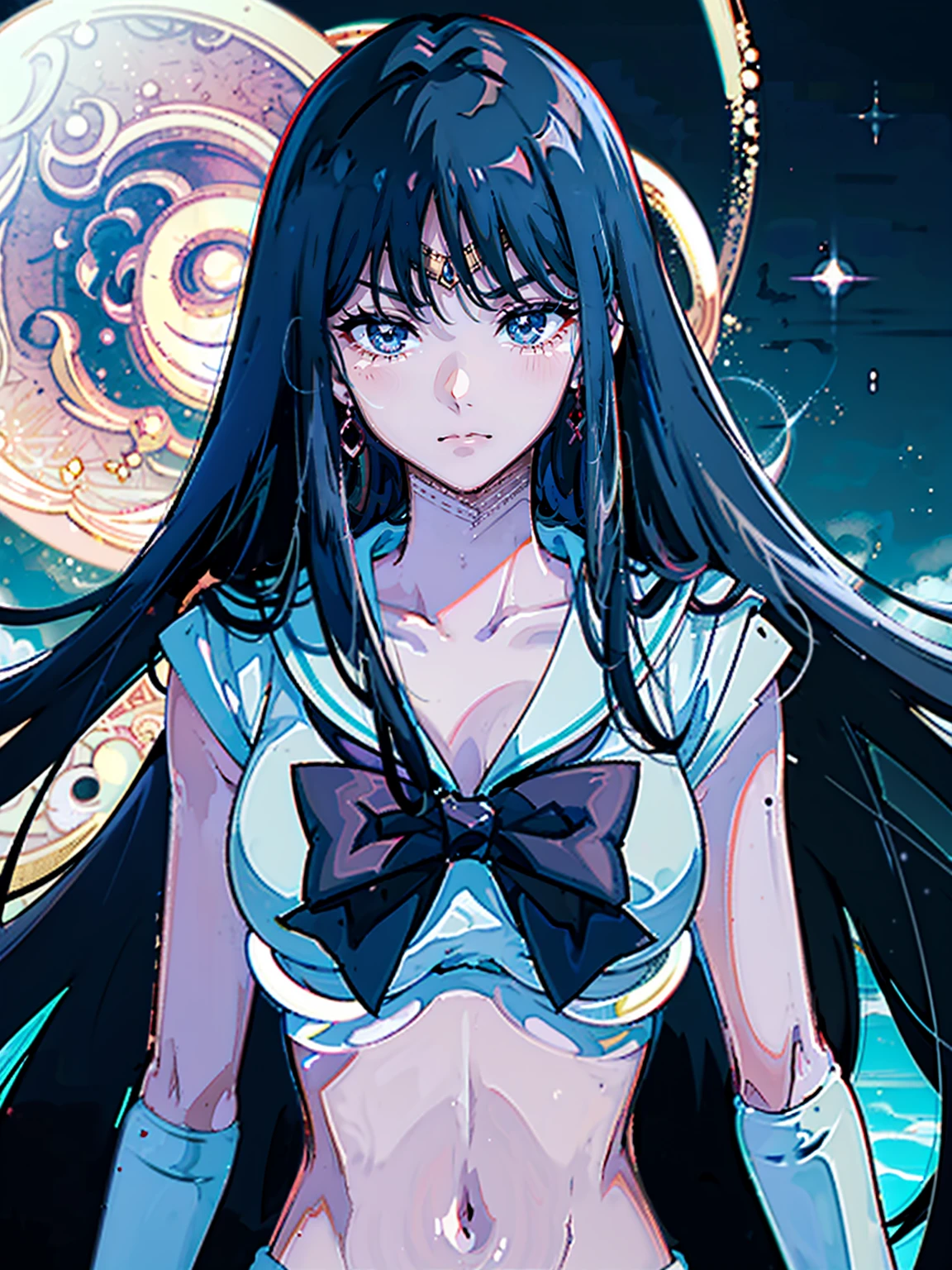 Georges Lepape, Japanese Anime Surreal Mysterious Weird Fantastic Sci-fi Fantasy Girl Swimming in the Sea of Space, moon, sun, stars, cloud, rocket, mini super ultra tiny bikinis, very huge tits large round ass, long hair wet, body wet wet wet glistening, hyperdetailed high resolution high definition high quality masterpiece
