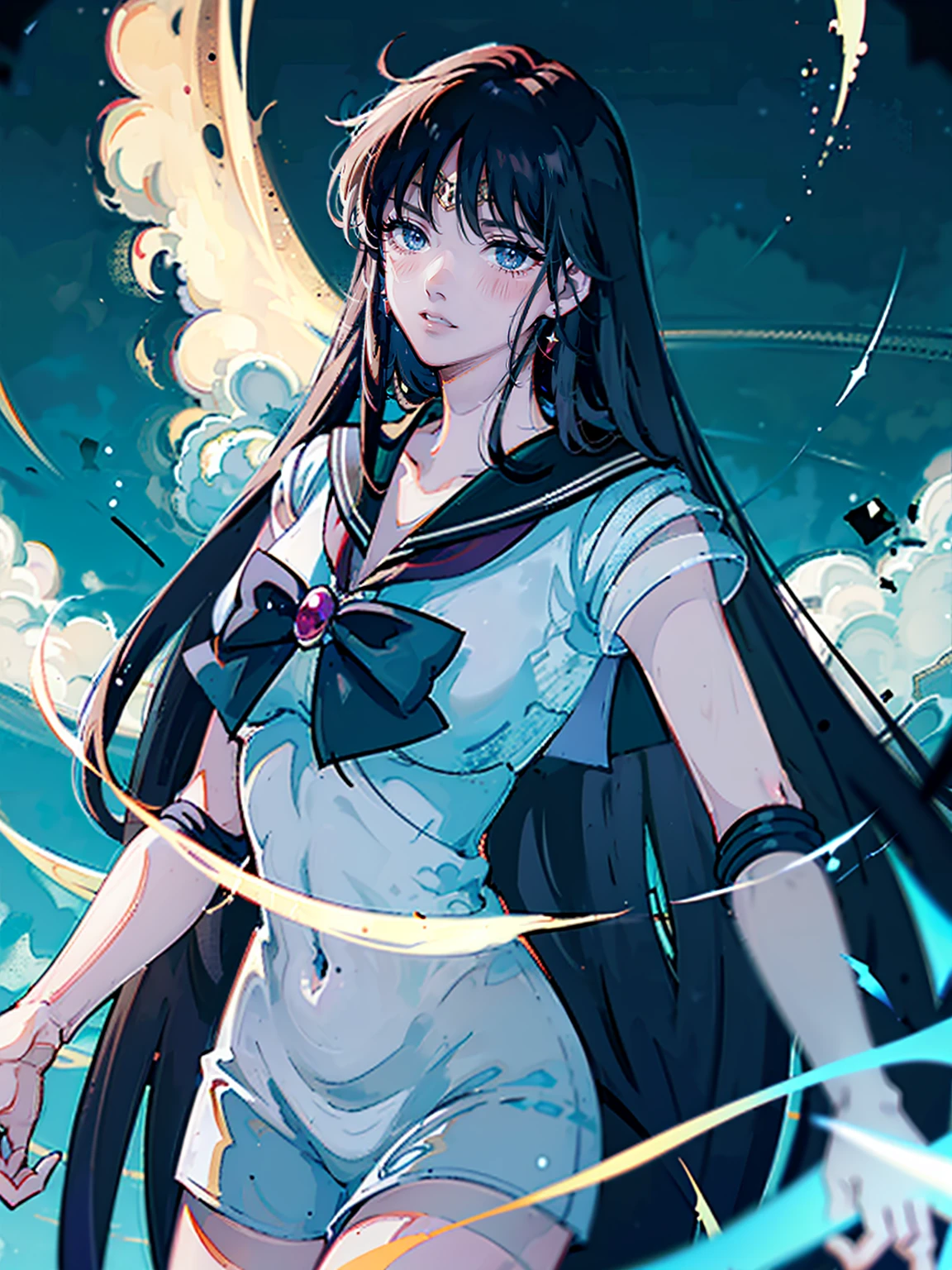 dark, masterpiece, Highest quality, 8K、Sailor Mars, Unhealthy face:1.9, Dark Eyes:1.5, Dark circles under the eyes, Long Hair, Long Bangs, Eyes through the bangs, Big eyes, Turquoise Eyes, Bust Shot, Yandere:1.5, Unhappy face, Lifeless face, Dark atmosphere