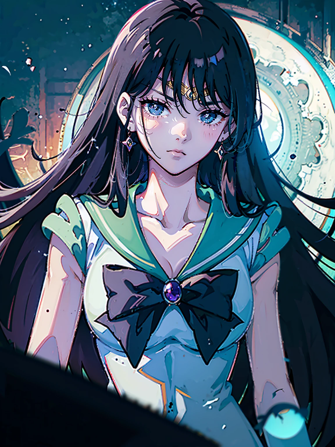 dark, masterpiece, Highest quality, 8K、Sailor Mars, Unhealthy face:1.9, Dark Eyes:1.5, Dark circles under the eyes, Long Hair, Long Bangs, Eyes through the bangs, Big eyes,　Turquoise Eyes, Bust Shot, Yandere:1.5, Unhappy face, Lifeless face, Dark atmosphere
