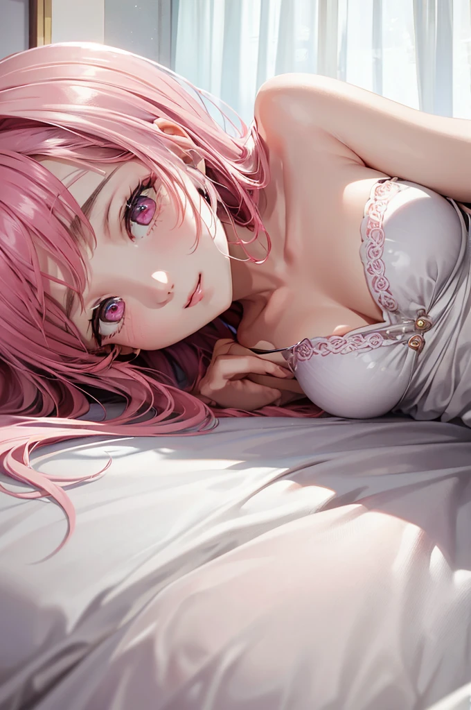 (Best Quality,High resolution,8K,finelity detailed background,Masterpiece:1.2),beautiful girl,Shiny pink hair,messy hair,Pink eyes,Gentle look,A refreshing look,Best quality,Best Quality,Aesthetic and aesthetic:1.2,Best details((Super detailed))(High-definition CG illustrations),cuteパジャマ,Slender body,night,Moonlight,Bedroom,On the bed,smile,blush,cute,Scrounge,Looking up,Being spoiled,super model,wariza,shoot from below