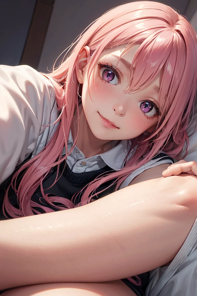 (Best Quality,High resolution,8K,finelity detailed background,Masterpiece:1.2),beautiful girl,Shiny pink hair,messy hair,Pink eyes,Gentle look,A refreshing look,Best quality,Best Quality,Aesthetic and aesthetic:1.2,Best details((Super detailed))(High-definition CG illustrations),cuteパジャマ,Slender body,night,Moonlight,Bedroom,On the bed,smile,blush,cute,Scrounge,Looking up,Being spoiled,super model,wariza,shoot from below