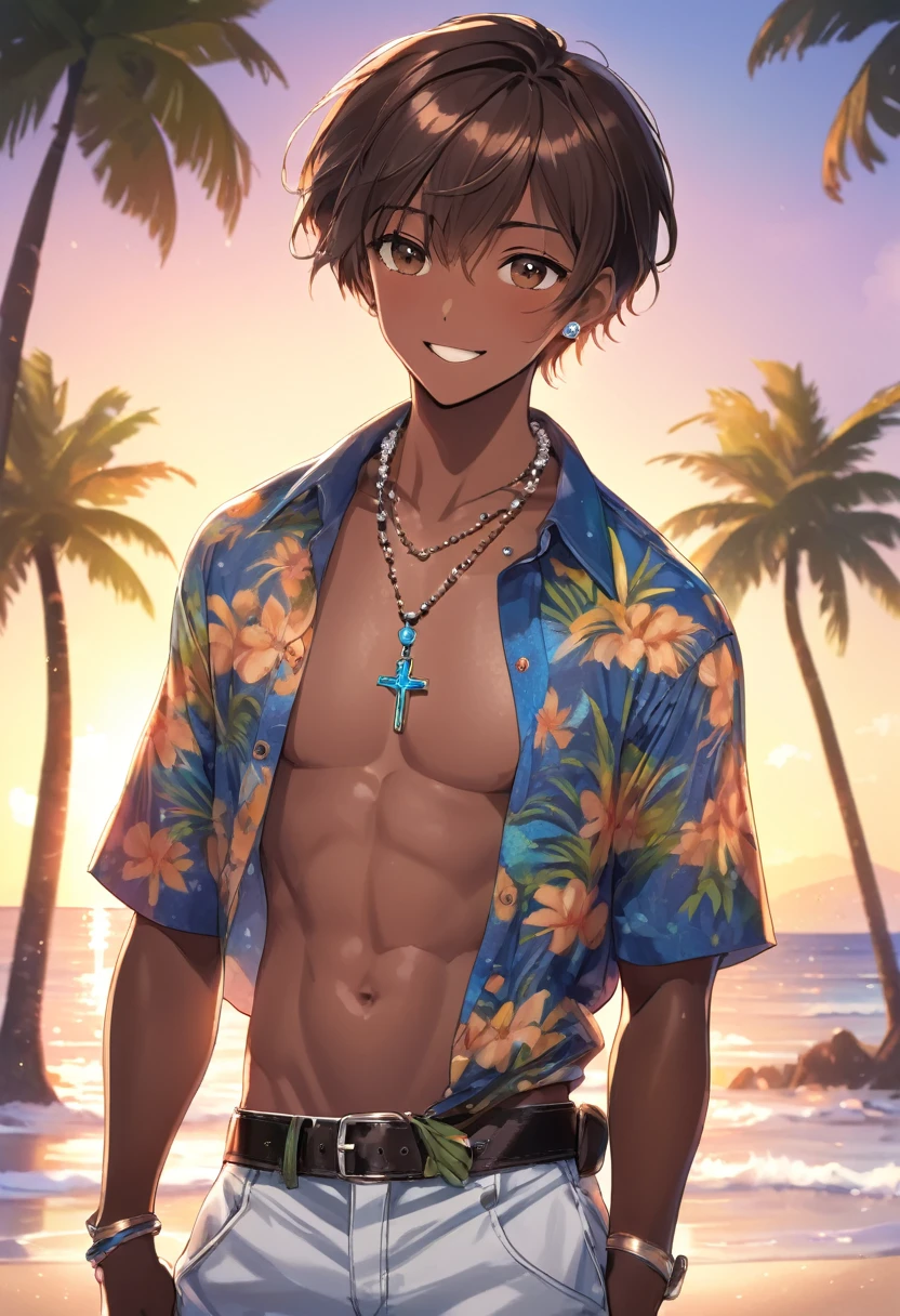 alone, looking at viewer, blushing, smiling, short hair, bangs, rosary eyes, Tan hair, shirt, 1boy, navel, hair between eyes, jewelry, open mouth giving piercing tongue, short sleeves, male focus, cowboy shot , sweat, earrings, outdoors, open clothes, sky, day, collared shirt, belt, pants, Light skin, water, necklace, tree, wet, open shirt, ocean, beach, black pants, floral print, abdomen, dark skinned man, Cross, pectorals, arms behind head, backlight, toned, sunset, sand, palm tree, toned male, men's swimwear, Hawaiian shirt