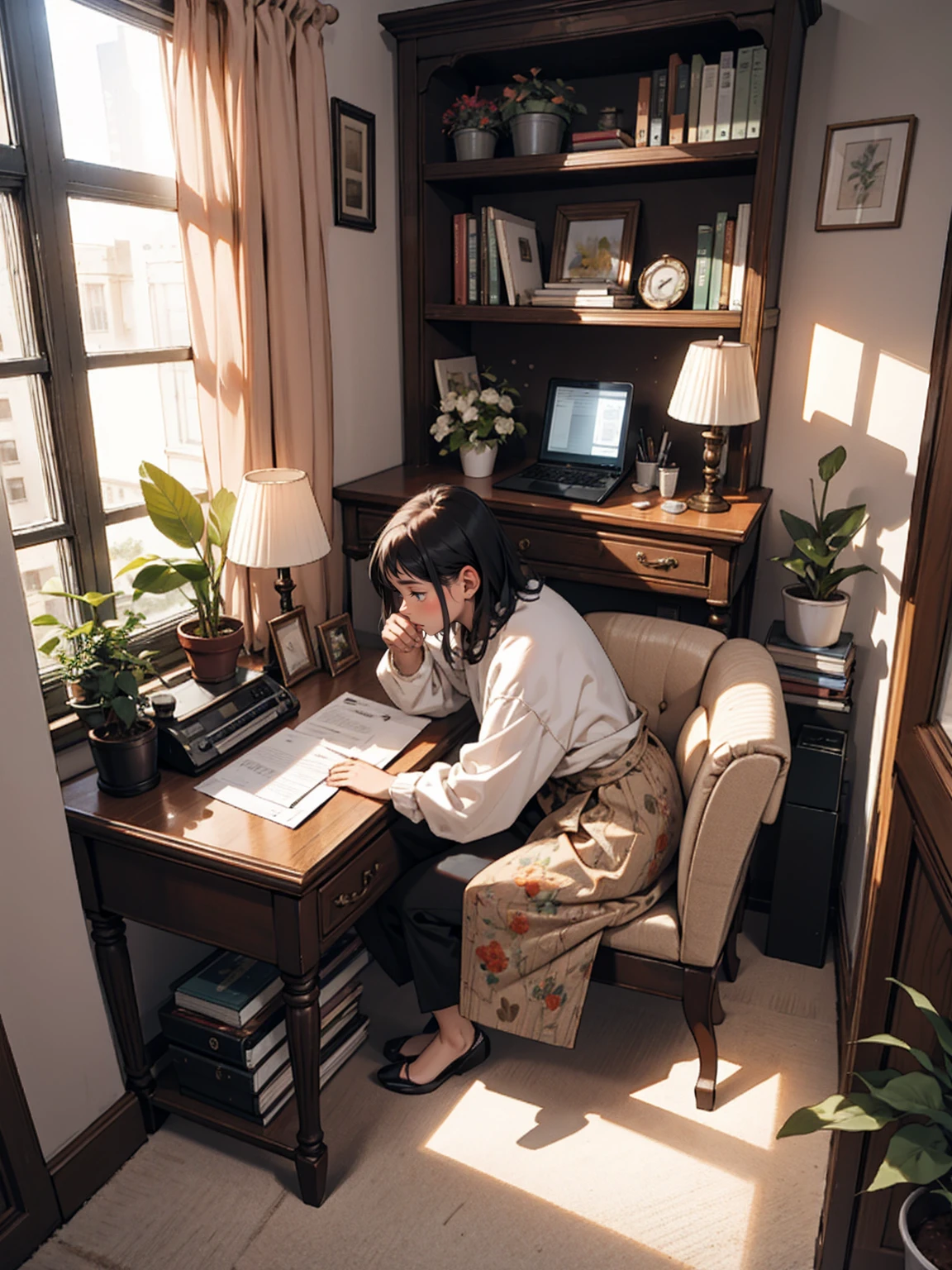 living room, sofa, window, curtain, Speckled sunlight, Potted plants, table, cupboard,Bookshelf, paper, Desk lamp, Typewriter, Girl sitting on sofa