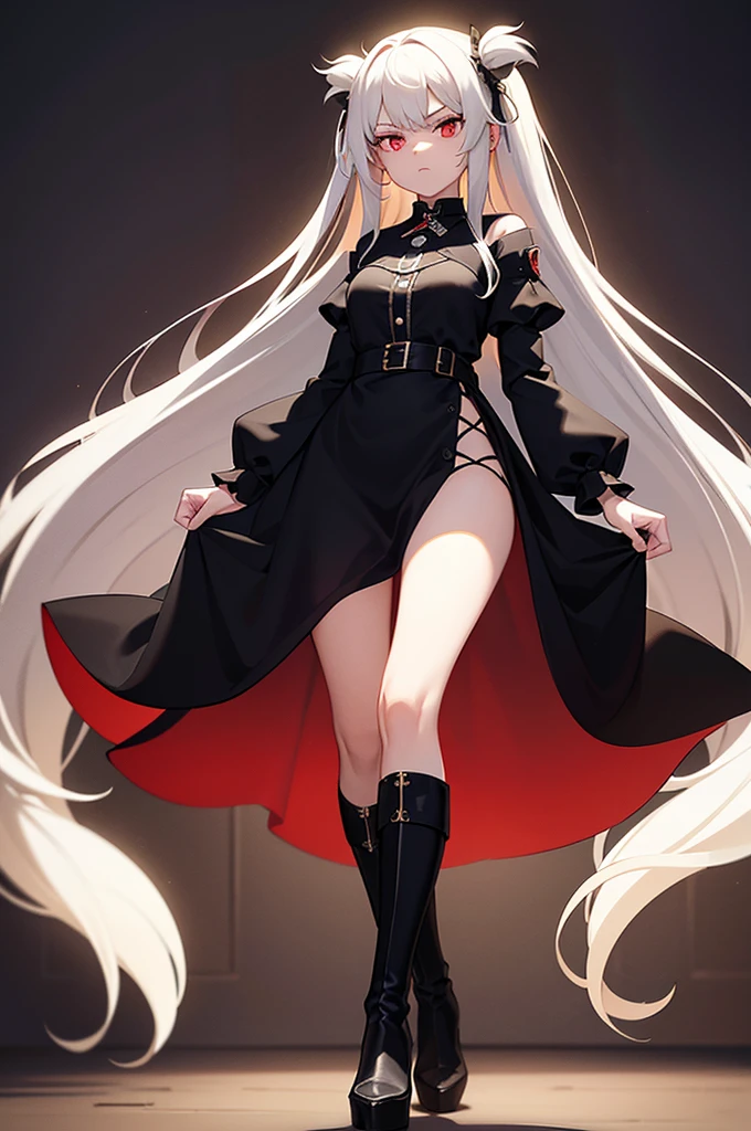 Girl, 20 years old, with long white hair down to below her waist, a serious yet tender expression, and red eyes. Her hair features black streaks. She wears antique-style clothing, a long black dress with a slit on the legs, and high black boots that almost reach her knees. Her power and background are related to shadows and darkness. dark escense, figth stance