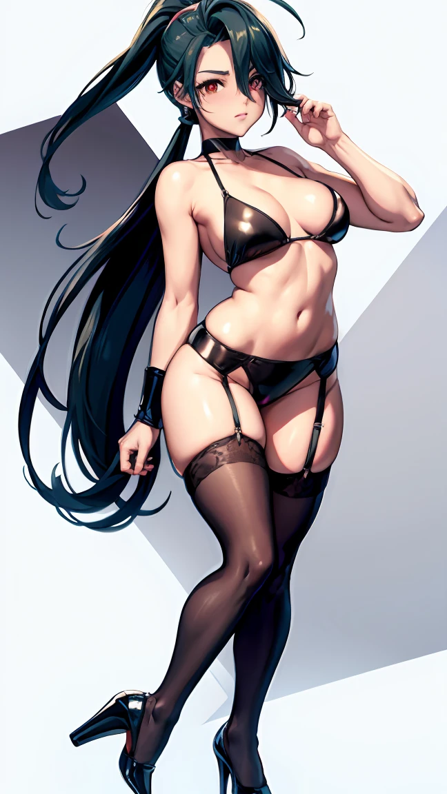 rscore_9, score_8_up, source_アニメ,th,ahoge,ponytail,bright pupils,stockings,latex,tie,garter belt,oldschool swimwear,shame,High heels,front view,Small breasts,White background,Are standing,