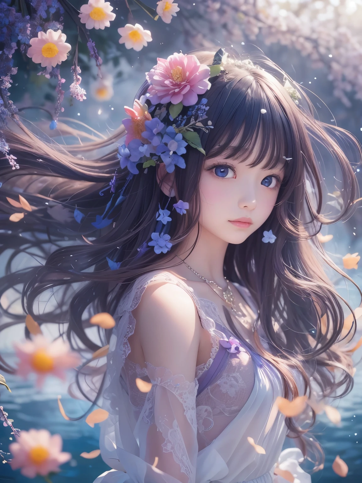 photograph、water、８age、high resolution、quality、Real masterpieces, Highest quality, Highly detailed shape,1 Girl,alone, Image body, flower, Looking at the audience、 Purple eyes, Jewel-like eyes, Very beautiful eyes, Highly detailed face、universe (null), constellation, Purple Energy、 meteor、Shiny, straight, long hair down to the waist, Beautiful shiny bangs、16ｋ、24ｋ、