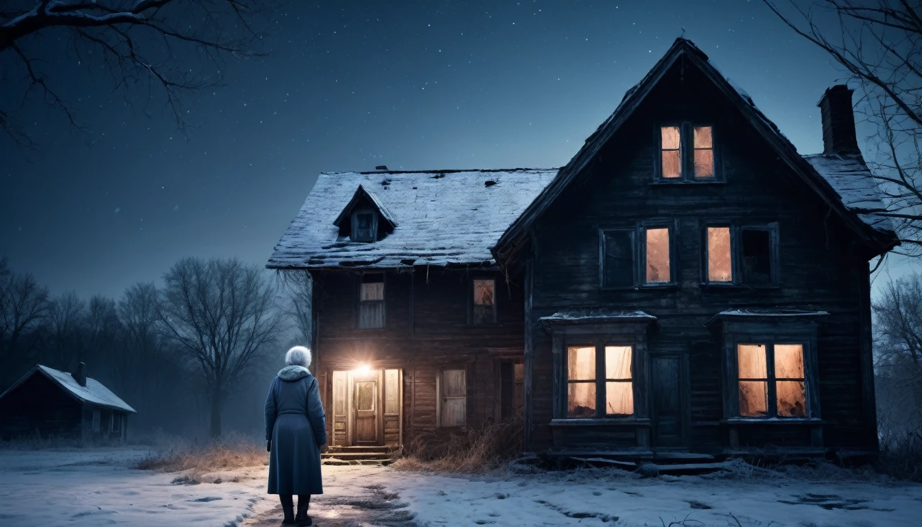 An image of a scared elderly woman in front of an abandoned old house at night, winter, PICTURE REALISTIC, high resolution 8k