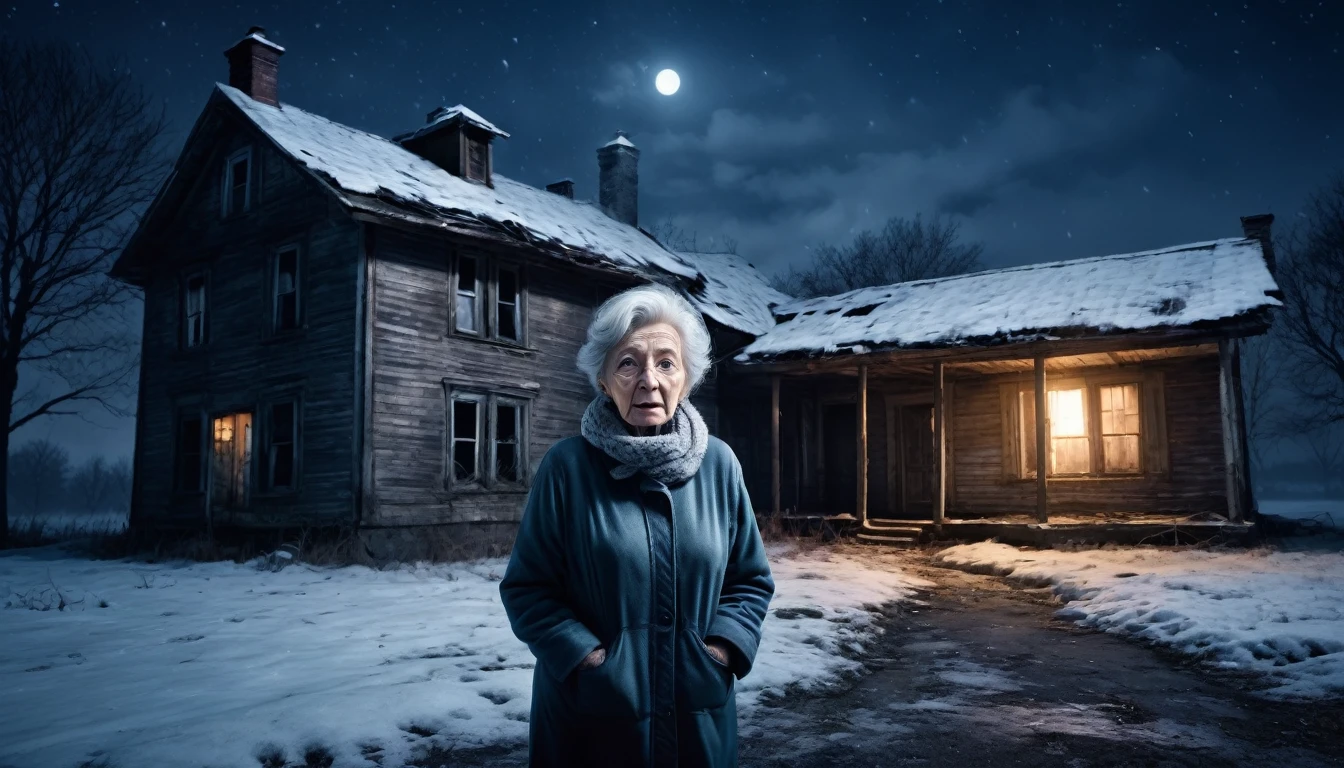 An image of a scared elderly woman in front of an old abandoned house at night,  PICTURE REALISTIC, high resolution 8k 