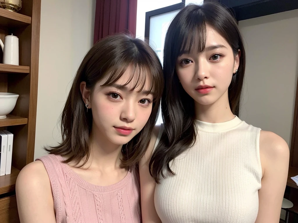 (Sleeveless:1.3) Put your hair up to reveal a y nape or neck 、beautiful, thin, Fair Arms Pureeros (super highest quality:1.3) (Very realistic, Realistic:1.3), (Sharp focus:1.3) Pure (Sharp focus:1.3) Wide background々Luxurious living room Bookshelf 3D Beautiful gradients A happy and kind smile Very high quality and stylish See-through bangs Elegant and intelligent Clean and stylish Excellent Education Women's Fashion Magazine model (Realistic and very high quality:1.3). (High resolution/High resolution:1.3) Tabletop, Very delicate and beautiful, Soft Light, (Brown Hair, Shoulder-length straight bob hair) Beautiful detailed girls, Highly detailed eyes and face, beautifully detailed nose, thin and beautiful eyes, 1 girl, Japanese, Pureな beauty, cute, young, Very stylish A spring sweater in spring-like colors Very stylish Supported by women Trending Fashion , (Medium Chest), Realistic Face, Realistic body,