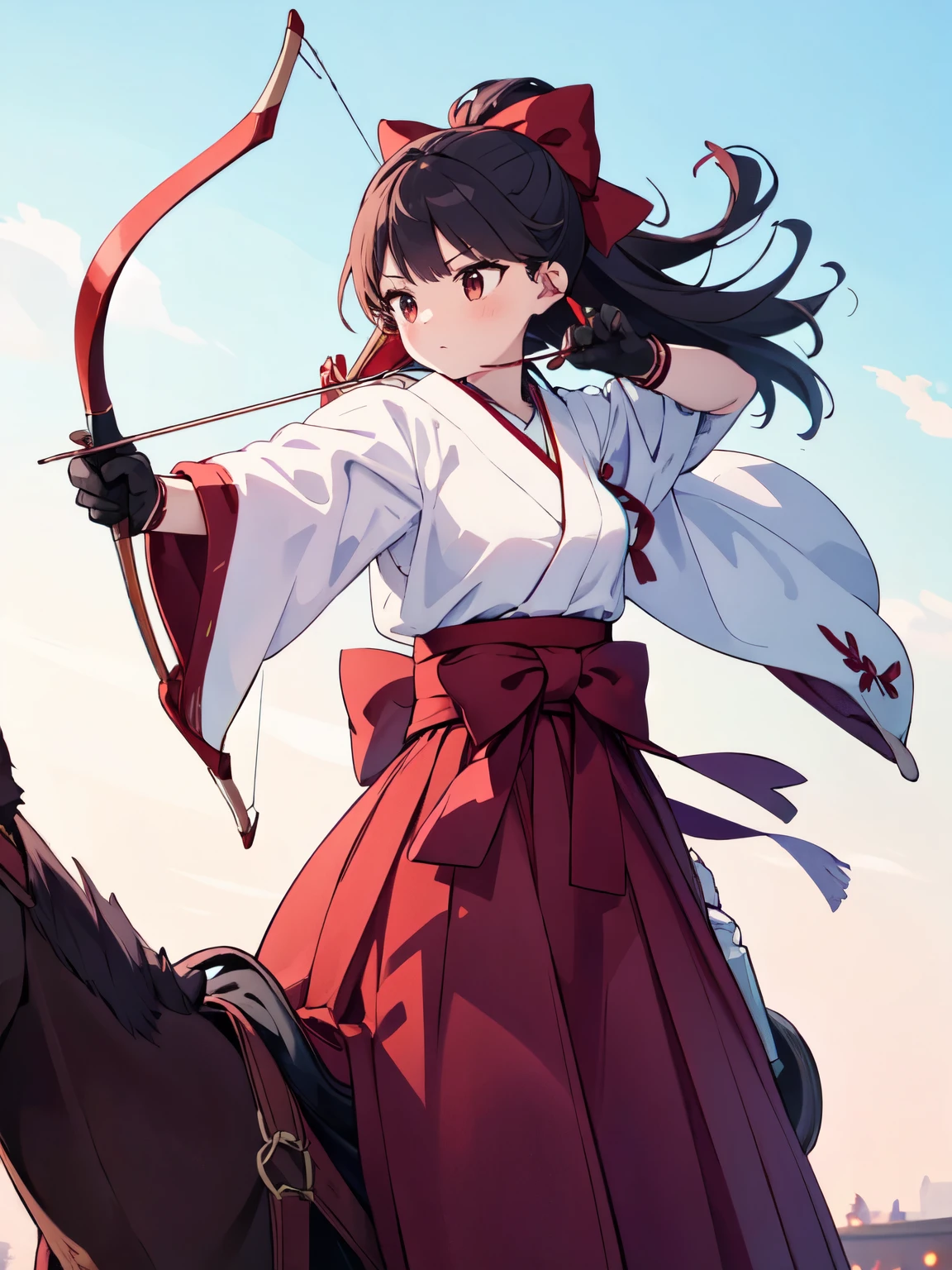 (Ultra-high resolution), (masterpiece), (Attention to detail), (high quality), (最high quality) , 1 Girl, alone, long hair, Red ribbon, skirt, black hair, gloves, holding, weapon, japanese clothes, hakama, hakama skirt, long skirt, (drawing bow:1.3), archery, kyuudou, Kyudogi, muneate, tabi socks, Female shooter, archery, Horseback archery