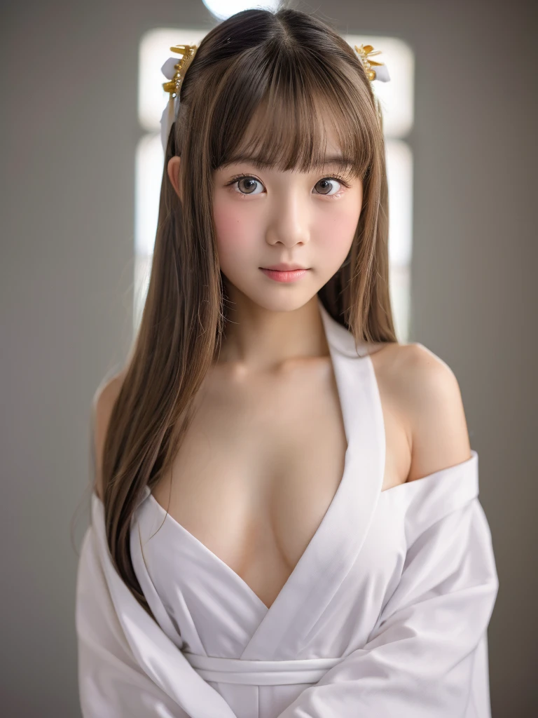 topless, High school girl idol、Naked, Realistic Breasts, Portrait photography best quality、 Super detailed、High resolution、, Super detailedな, Long Hair、Straight bangs, Light blonde hair, Shrine maiden, White Chinese Dress、Gray Background、Bring to the front、Proudly, Fair-skinned girl, Gentle junior high school student's baby pink areola, , Big Tits Same, There is a mole on the areola, necklace, 20-year-old, , The background is moon white, Beautiful junior high school girl, Brown eyes, Beautiful high school girl, Gray Background, topless, Show the left and right nipples properly, , Buried nipples, Slim, A face enduring the cold, Curly/Natural Hair, Red and white kimono
