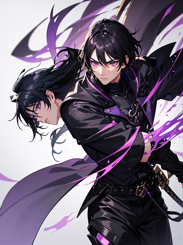 Male character with black hair and purple eyes and swords and black clothes