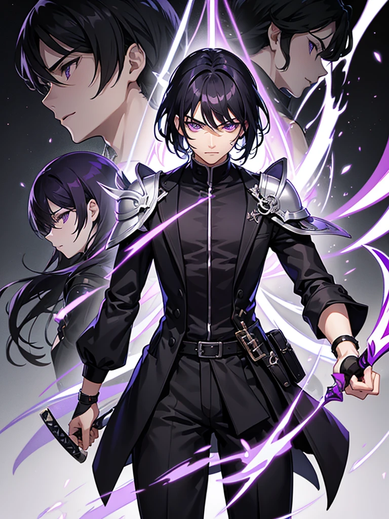 Male character with black hair and purple eyes and swords and black clothes 