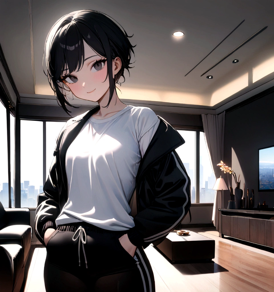 1 girl, tomboy, slim, beautiful, tall, attractive, ((short black hair))((black hair)), ((black eyes)), ((Girl wears: ((white shirt)), ((black jacket)), ((black gym short)))), ((living room)), looking at viewer, smiling warmly, hands in pocket, 8k, masterpiece, ray tracing