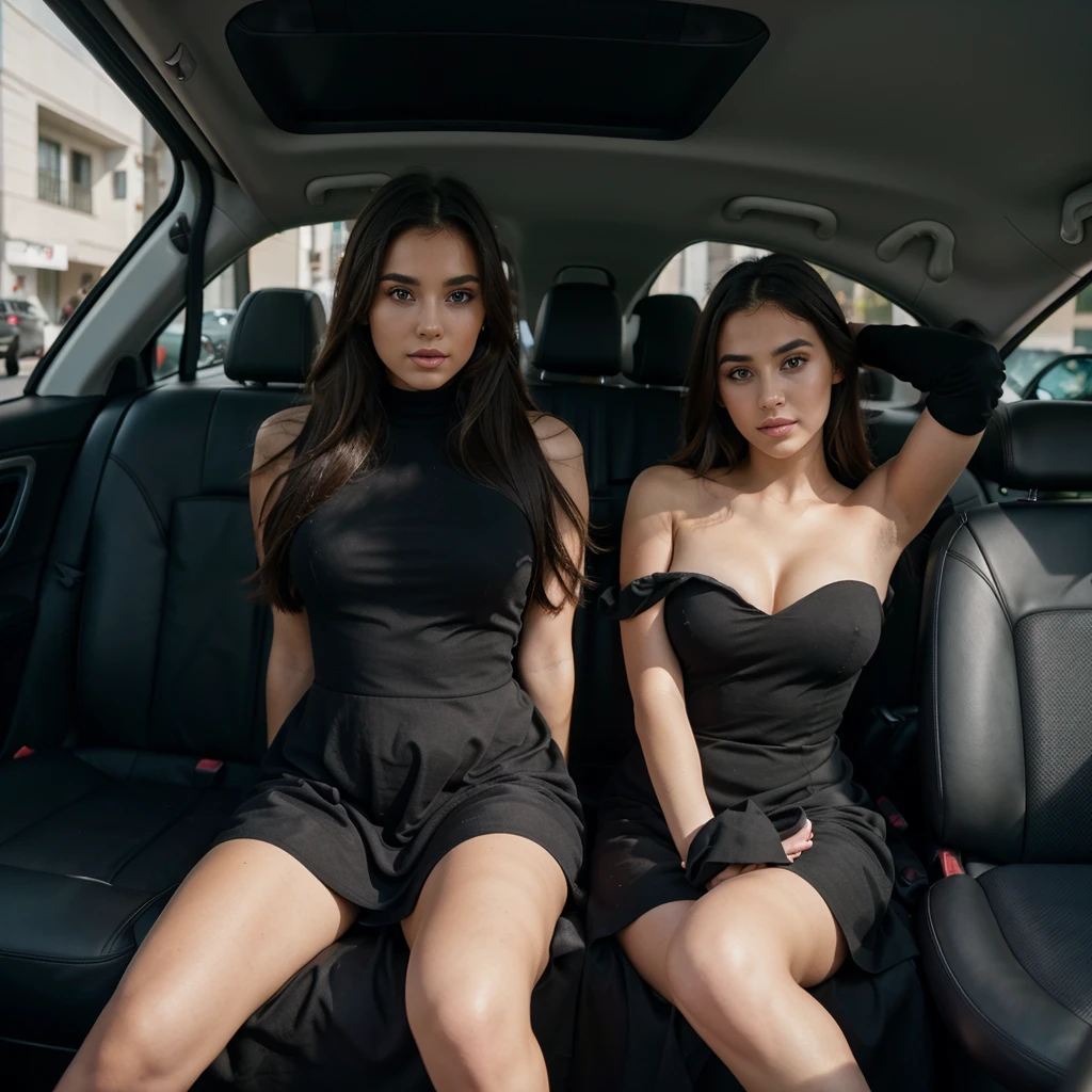 a woman sitting in the back seat of a car, instagram model, she is wearing a black dress, deblur, dove, gif, full view, , wealthy