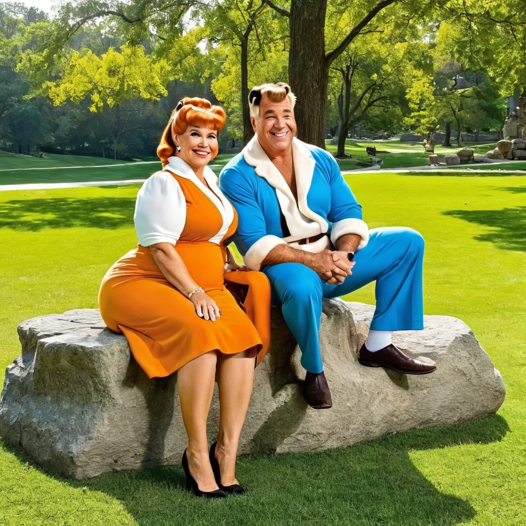 Fred and Wilma Flintstone sitting on a stone bench in the park