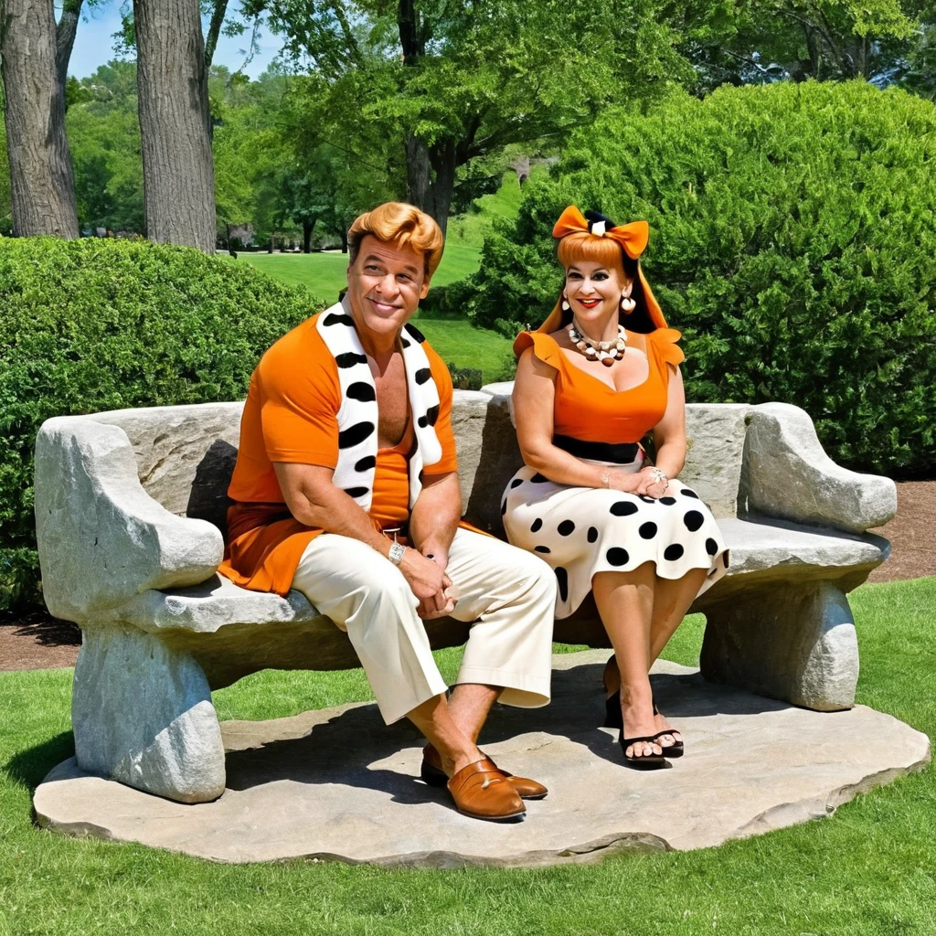 Fred and Wilma Flintstone sitting on a stone bench in the park