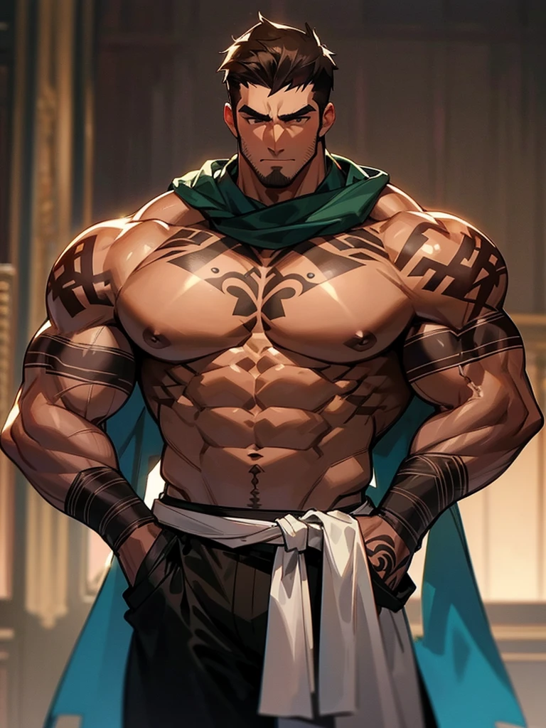 Handsome tall, very muscular brown man with large, strong, tattooed muscles