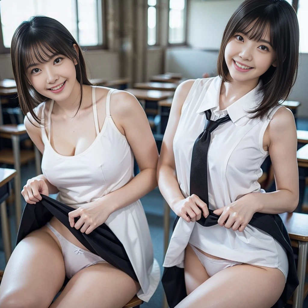 （from below:1.5)、（A large number of schoolgirls、Checked micro mini skirt、Sleeveless、tie、Ass、Black Hair、Big Ass、School classroom、White panties）、Extremely sexy、smile、Professional Lighting、Small waist、Beautiful adult woman、Captivating thighs、Very large breasts、Cleavage、Are standing