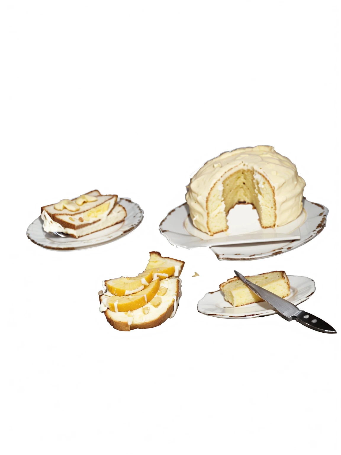 breakfast foods a slice of bread with butter on a white plate,a round orange cake missing a slice , bananas,a pat of butter with a small knife