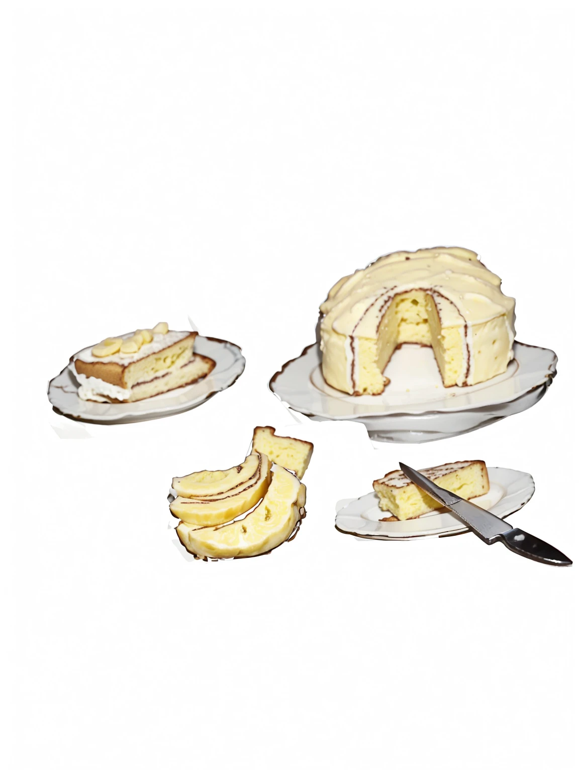 breakfast foods a slice of bread with butter on a white plate,a round orange cake missing a slice , bananas,a pat of butter with a small knife 