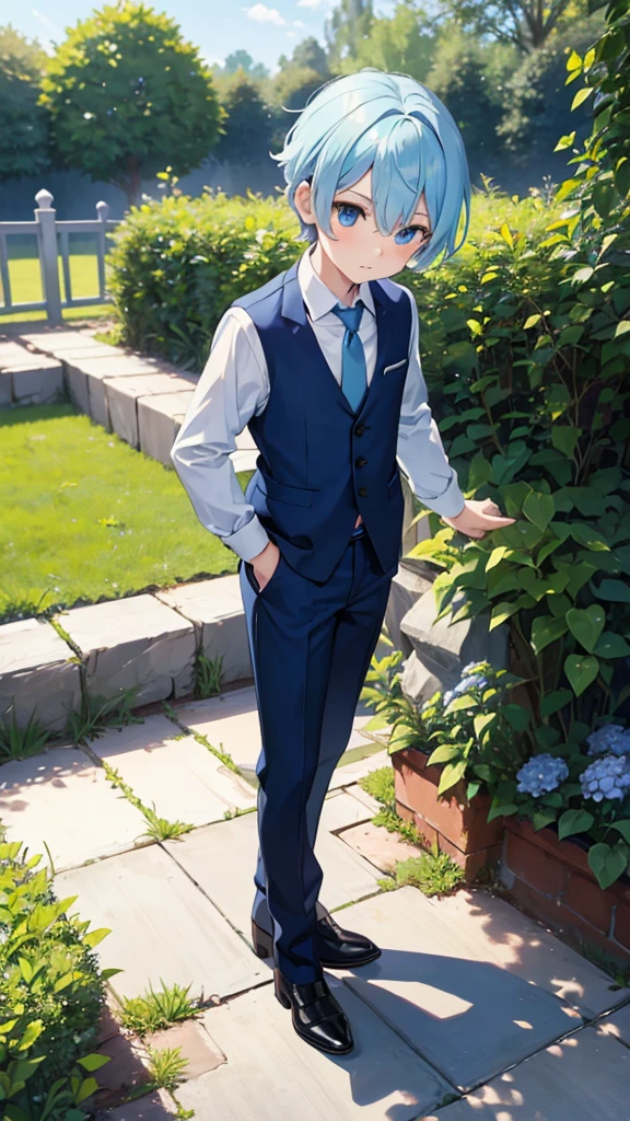 with hair, light Blue hair, skin, blue eyes, suit, blue tie, dark pants, In the garden