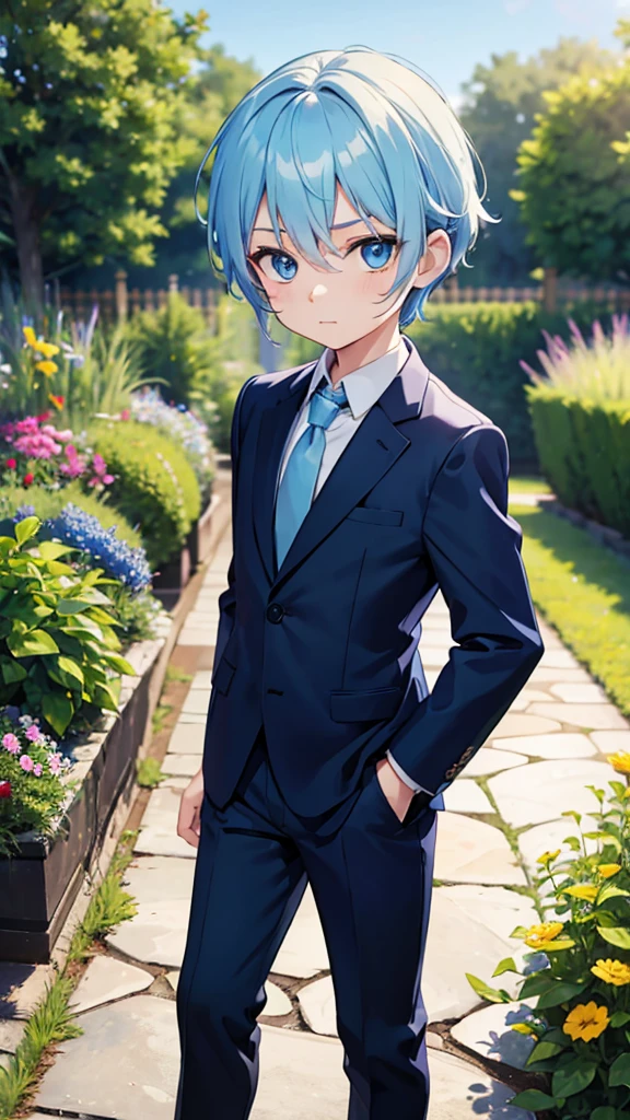 Little boy with hair, light Blue hair, skin, blue eyes, suit, blue tie, dark pants, In the garden